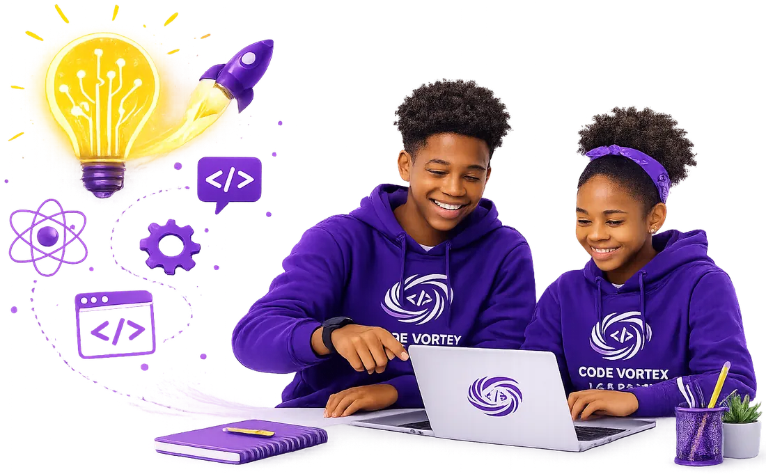 Code Vortex Academy students building a project together, surrounded by coding and science icons